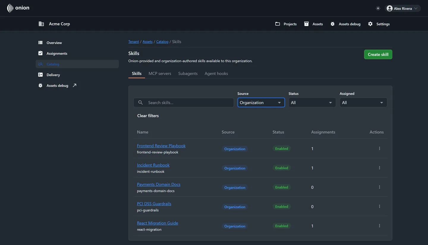Onion skills catalog for the Acme Corp demo company, listing five organization-authored skills such as React Migration Guide and PCI DSS Guardrails, each enabled, with assignment counts.